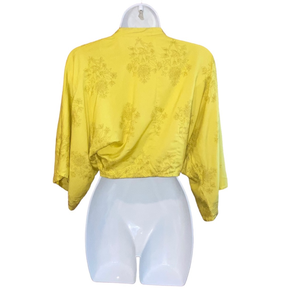 Zapelle Custom Rayon Yellow Floral Tie Front Crop Cropped Top - S/M?Bust 36” - Picture 5 of 11